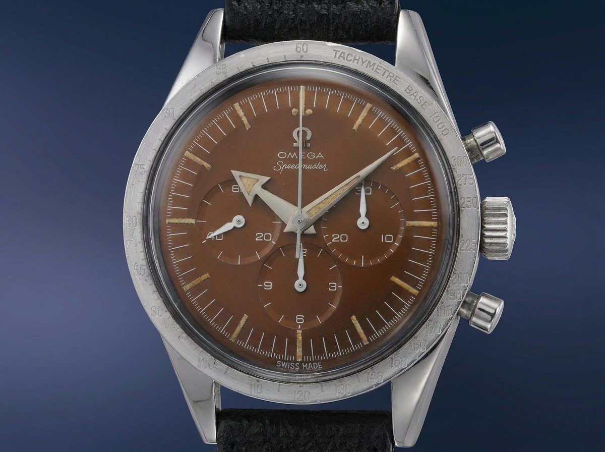 Vintage Omega Speedmaster CK 2915-1 chronograph with tropical milk-chocolate dial.