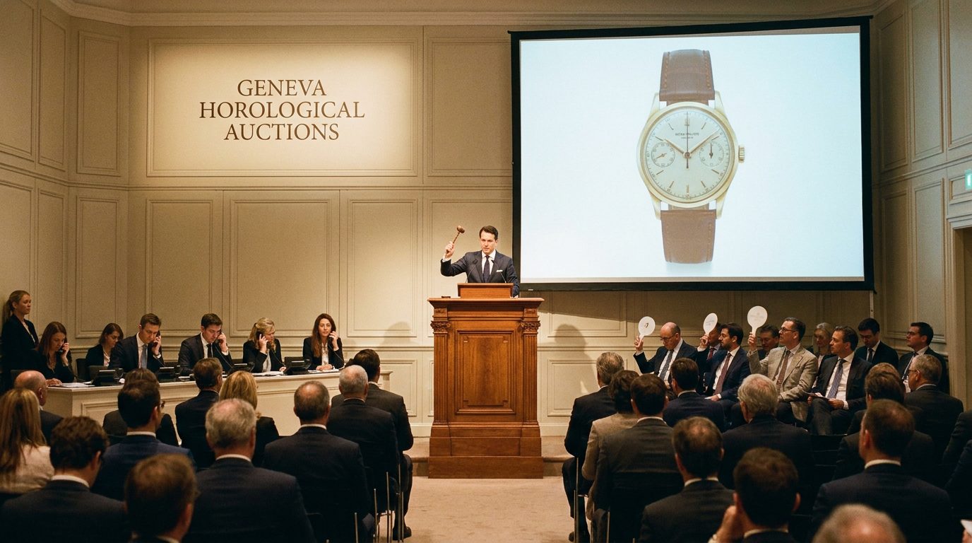 A Christie's auction room: auctioneer at the rostrum, the lot displayed on a screen, the brand wordmark large on the wall behind.